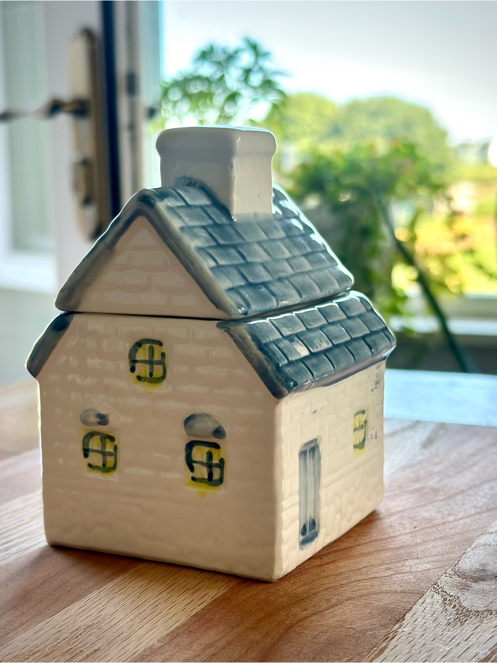 Vintage Cottagecore Miniature House Sugar Jar in White and Blue